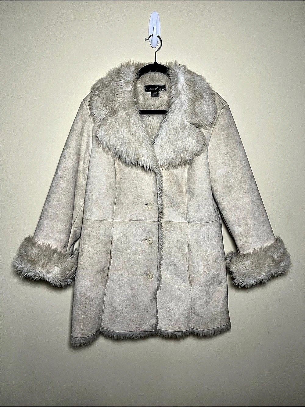 Vintage Penny Lane Faux Suede Jacket Fur Trim Coat Cream Women’s Size L Y2K